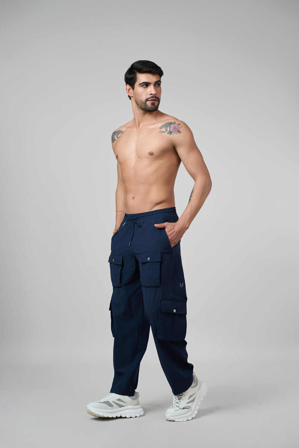 Blue cargo pants front view