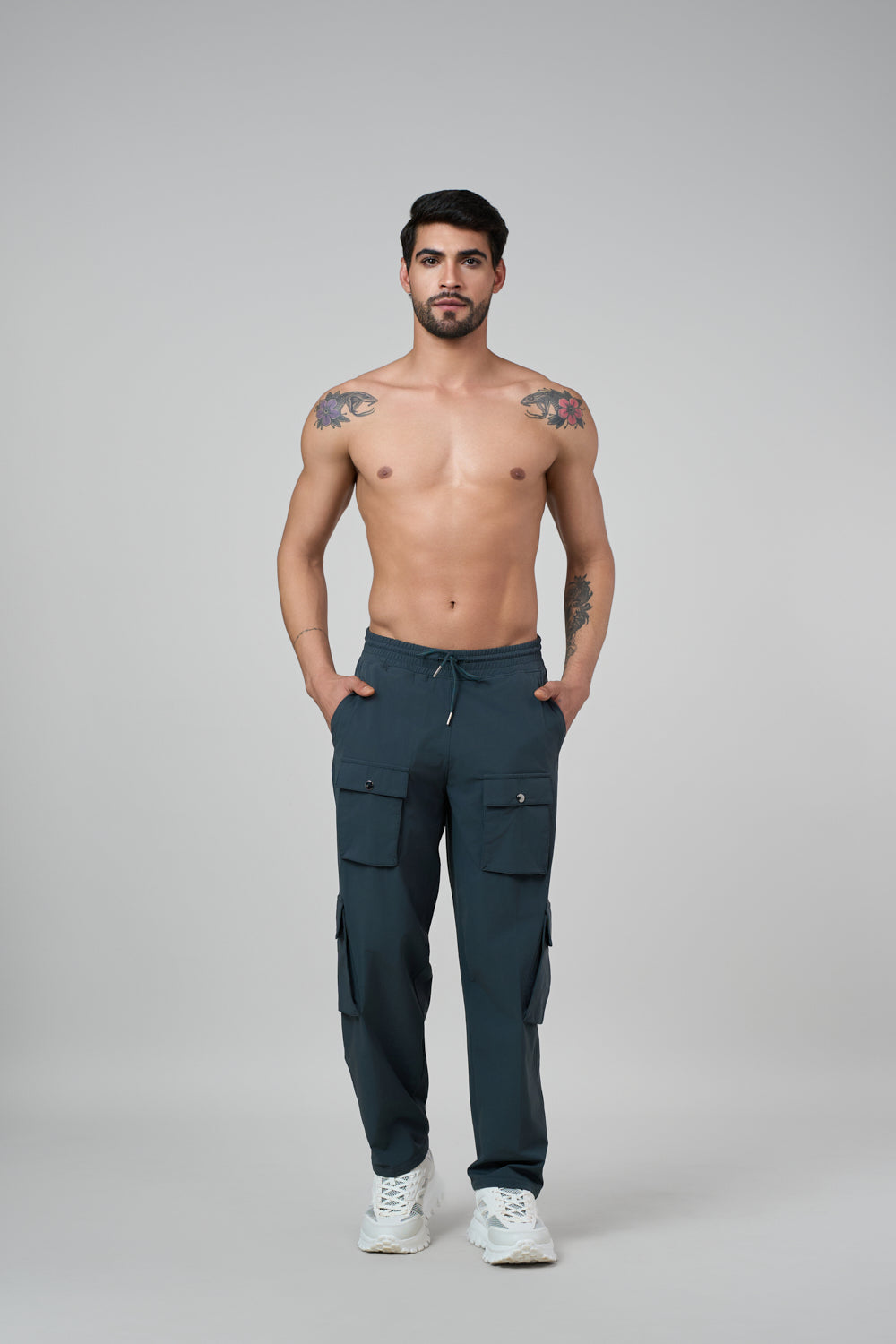 Grey cargo pants front view