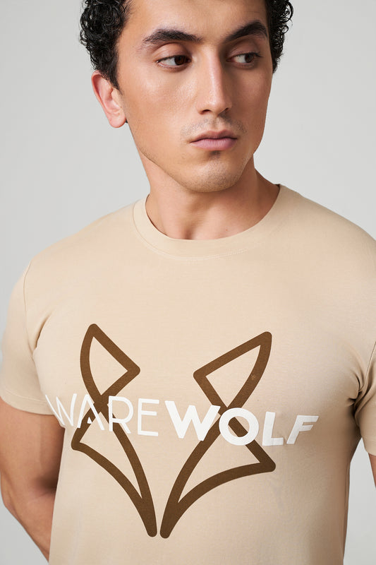 Warewolf Regular Fit Soul WolfKnit Sportswear Crewneck – Cotton T-shirt, 4-Way Stretch, Comfort – Beige